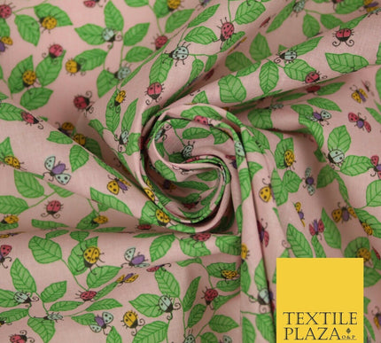 Flying Ladybird Leaf Jungle Garden Printed Poly Cotton Fabric Polycotton Mask45"