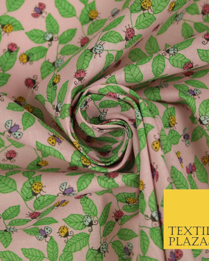 Flying Ladybird Leaf Jungle Garden Printed Poly Cotton Fabric Polycotton Mask45"