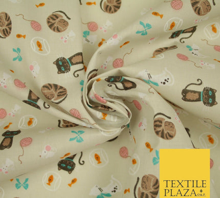 Cheeky Naughty Wild Sleepy Cat Printed Poly Cotton Fabric Polycotton Mask 45"