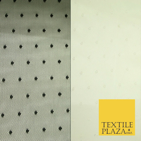 Black / Ivory 3mm Dobby Spot Polka Dot Power Mesh Net Tulle Stretch Dress Fabric
