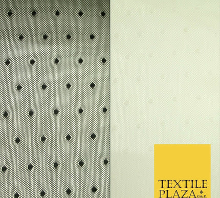 Black / Ivory 3mm Dobby Spot Polka Dot Power Mesh Net Tulle Stretch Dress Fabric