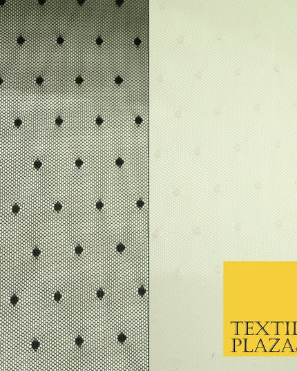 Black / Ivory 3mm Dobby Spot Polka Dot Power Mesh Net Tulle Stretch Dress Fabric