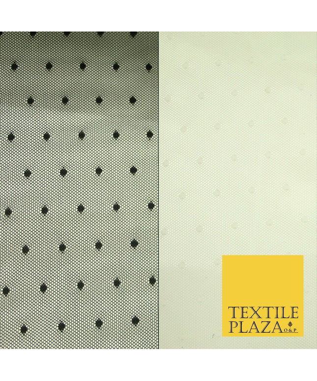 Black / Ivory 3mm Dobby Spot Polka Dot Power Mesh Net Tulle Stretch Dress Fabric