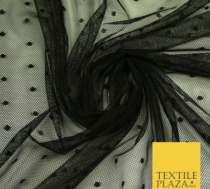 Black / Ivory 3mm Dobby Spot Polka Dot Power Mesh Net Tulle Stretch Dress Fabric