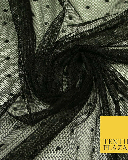 Black / Ivory 3mm Dobby Spot Polka Dot Power Mesh Net Tulle Stretch Dress Fabric