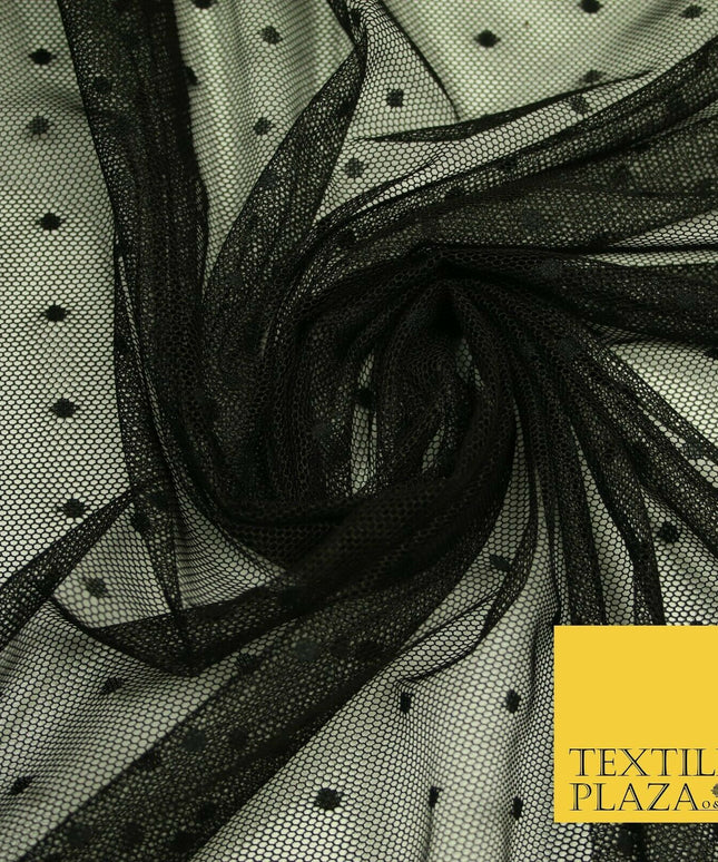 Black / Ivory 3mm Dobby Spot Polka Dot Power Mesh Net Tulle Stretch Dress Fabric
