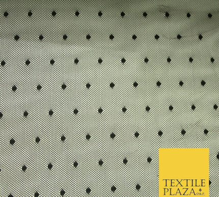 Black / Ivory 3mm Dobby Spot Polka Dot Power Mesh Net Tulle Stretch Dress Fabric