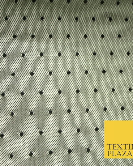 Black / Ivory 3mm Dobby Spot Polka Dot Power Mesh Net Tulle Stretch Dress Fabric