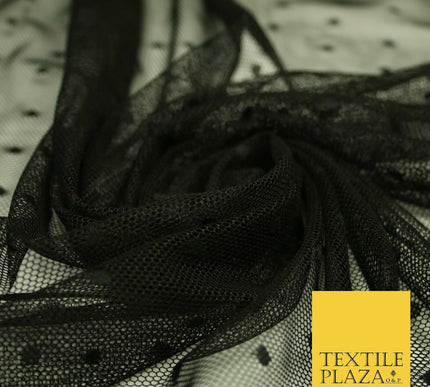 Black / Ivory 3mm Dobby Spot Polka Dot Power Mesh Net Tulle Stretch Dress Fabric