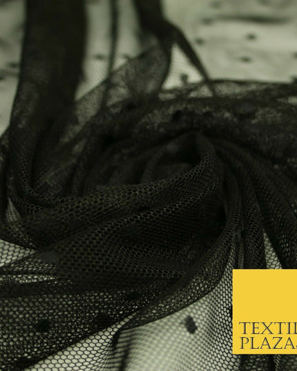 Black / Ivory 3mm Dobby Spot Polka Dot Power Mesh Net Tulle Stretch Dress Fabric