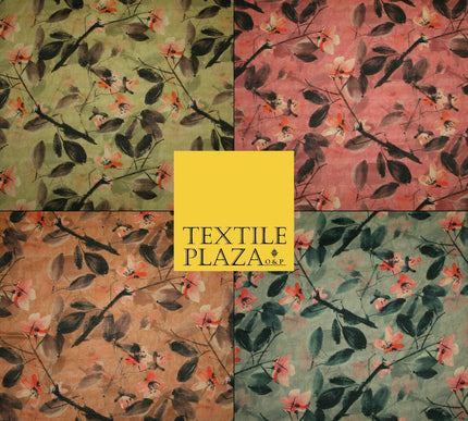 Watercolour Floral Leaves Digital Printed Faux Dupion Raw Silk Fabric Textured