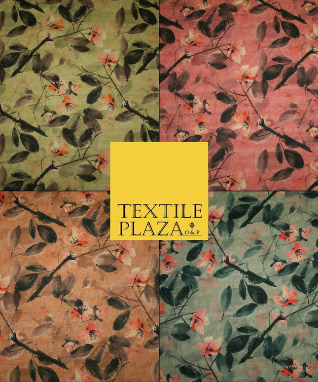 Watercolour Floral Leaves Digital Printed Faux Dupion Raw Silk Fabric Textured