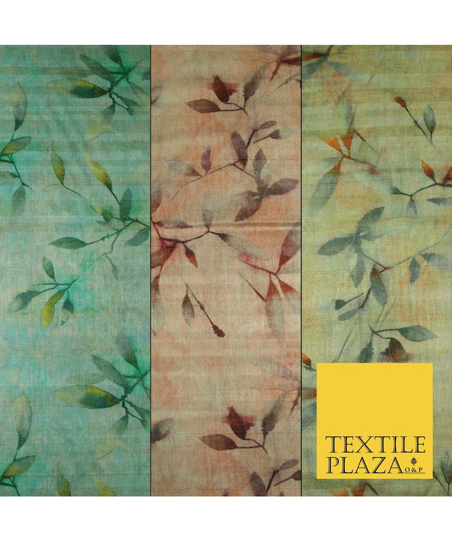 Cloudy Artsy Leaves Digital Printed Faux Dupion Raw Silk Fabric Textured Line