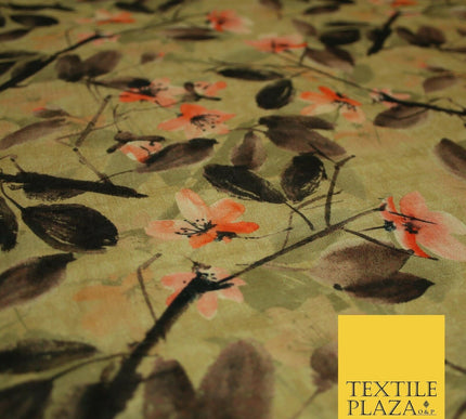 Watercolour Floral Leaves Digital Printed Faux Dupion Raw Silk Fabric Textured