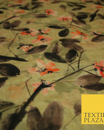 Watercolour Floral Leaves Digital Printed Faux Dupion Raw Silk Fabric Textured
