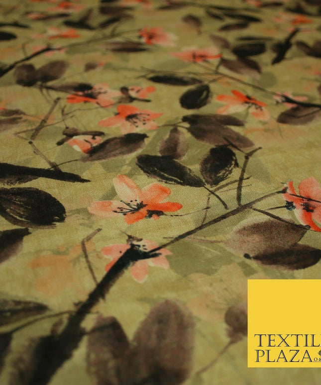 Watercolour Floral Leaves Digital Printed Faux Dupion Raw Silk Fabric Textured