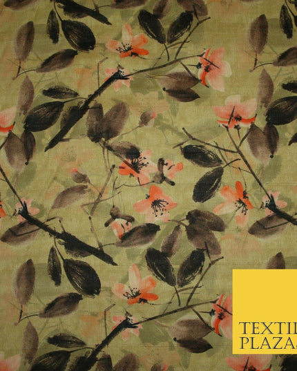 Watercolour Floral Leaves Digital Printed Faux Dupion Raw Silk Fabric Textured