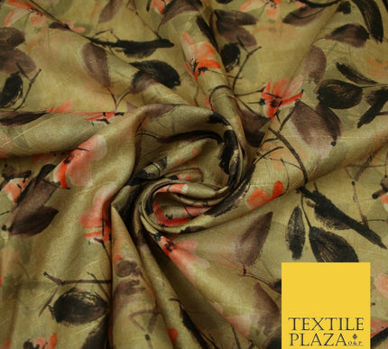 Watercolour Floral Leaves Digital Printed Faux Dupion Raw Silk Fabric Textured