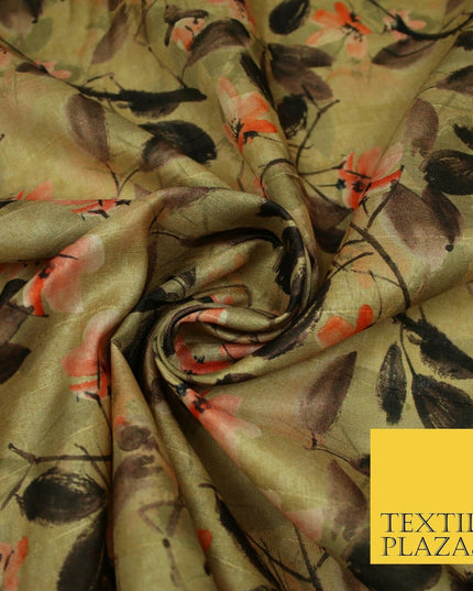Watercolour Floral Leaves Digital Printed Faux Dupion Raw Silk Fabric Textured