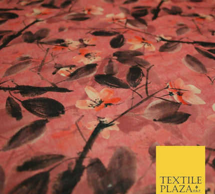 Watercolour Floral Leaves Digital Printed Faux Dupion Raw Silk Fabric Textured