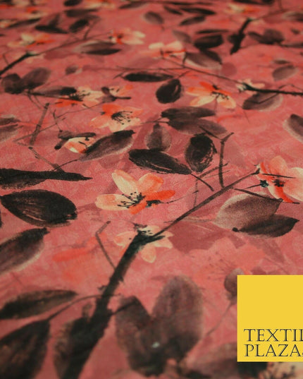 Watercolour Floral Leaves Digital Printed Faux Dupion Raw Silk Fabric Textured