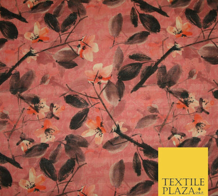 Watercolour Floral Leaves Digital Printed Faux Dupion Raw Silk Fabric Textured