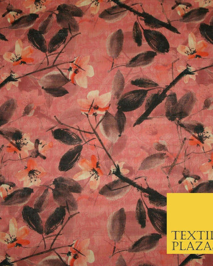 Watercolour Floral Leaves Digital Printed Faux Dupion Raw Silk Fabric Textured