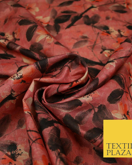 Watercolour Floral Leaves Digital Printed Faux Dupion Raw Silk Fabric Textured