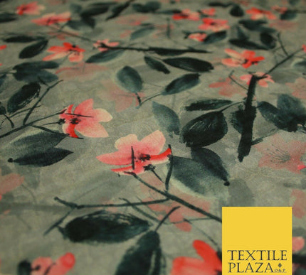 Watercolour Floral Leaves Digital Printed Faux Dupion Raw Silk Fabric Textured