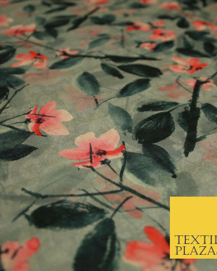Watercolour Floral Leaves Digital Printed Faux Dupion Raw Silk Fabric Textured