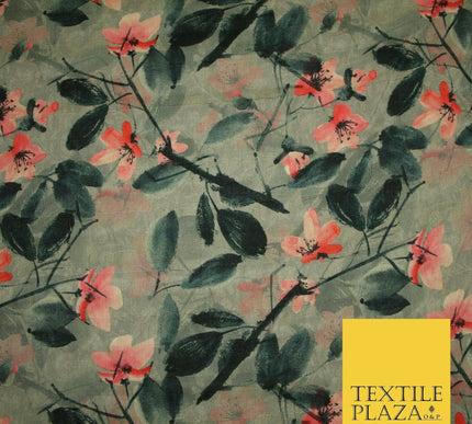 Watercolour Floral Leaves Digital Printed Faux Dupion Raw Silk Fabric Textured
