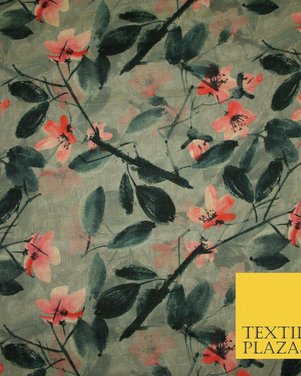 Watercolour Floral Leaves Digital Printed Faux Dupion Raw Silk Fabric Textured