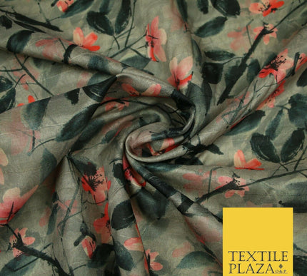 Watercolour Floral Leaves Digital Printed Faux Dupion Raw Silk Fabric Textured