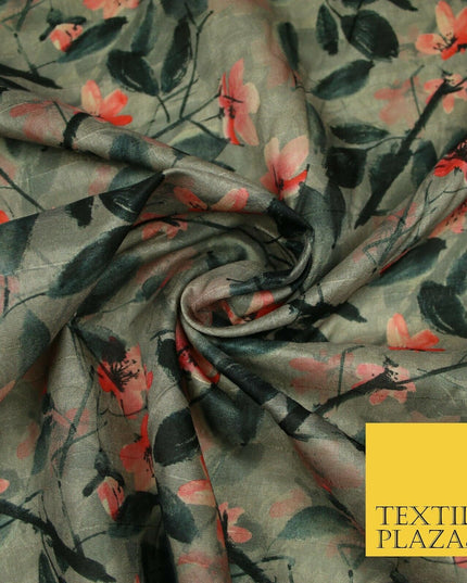 Watercolour Floral Leaves Digital Printed Faux Dupion Raw Silk Fabric Textured