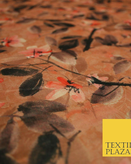Watercolour Floral Leaves Digital Printed Faux Dupion Raw Silk Fabric Textured