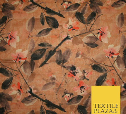 Watercolour Floral Leaves Digital Printed Faux Dupion Raw Silk Fabric Textured