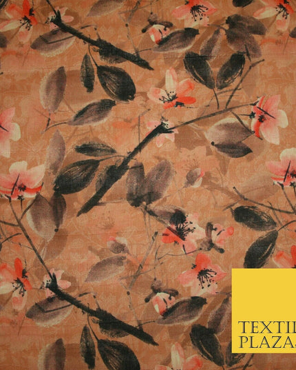 Watercolour Floral Leaves Digital Printed Faux Dupion Raw Silk Fabric Textured