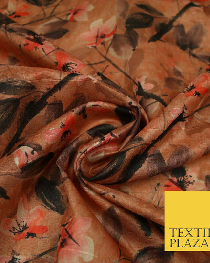 Watercolour Floral Leaves Digital Printed Faux Dupion Raw Silk Fabric Textured