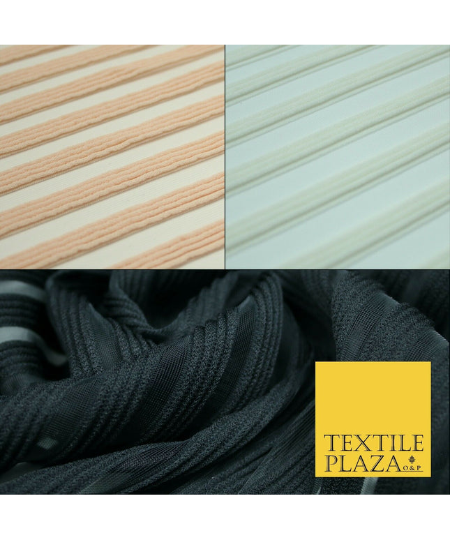 Blush Ivory Black Premium Corded Ribbed Striped Raised Net Stretch Dress Fabric