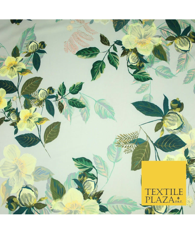 Silver Grey Buttercup Floral Leafy Printed Stretch Scuba Jersey Fabric 59" 3947