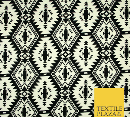 High Quality Black & White Flocked Aztec Spike Tribal Stretch Jersey Fabric 3953