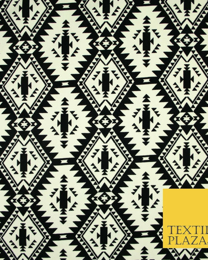 High Quality Black & White Flocked Aztec Spike Tribal Stretch Jersey Fabric 3953