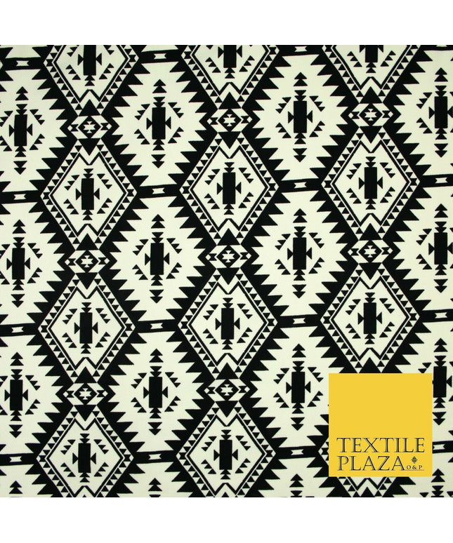 High Quality Black & White Flocked Aztec Spike Tribal Stretch Jersey Fabric 3953