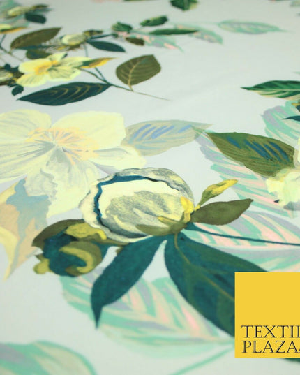 Silver Grey Buttercup Floral Leafy Printed Stretch Scuba Jersey Fabric 59" 3947