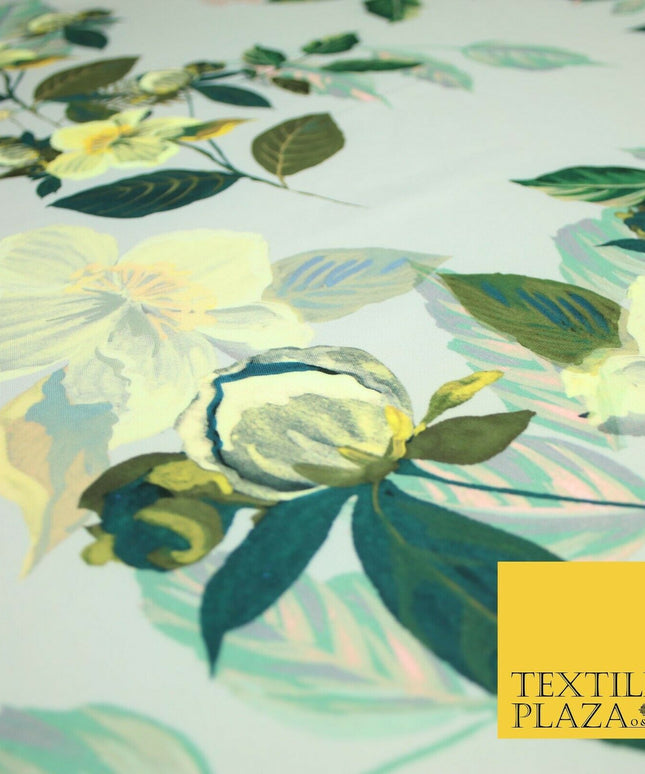 Silver Grey Buttercup Floral Leafy Printed Stretch Scuba Jersey Fabric 59" 3947