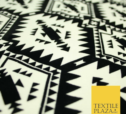 High Quality Black & White Flocked Aztec Spike Tribal Stretch Jersey Fabric 3953