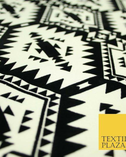 High Quality Black & White Flocked Aztec Spike Tribal Stretch Jersey Fabric 3953
