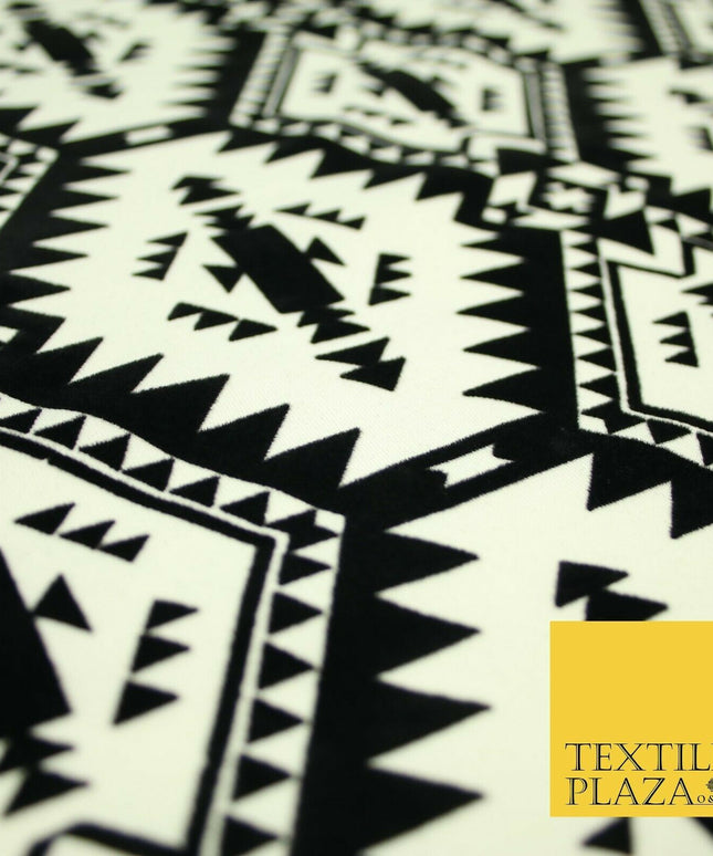 High Quality Black & White Flocked Aztec Spike Tribal Stretch Jersey Fabric 3953