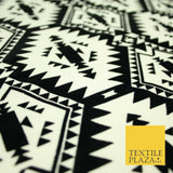 High Quality Black & White Flocked Aztec Spike Tribal Stretch Jersey Fabric 3953