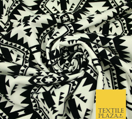 High Quality Black & White Flocked Aztec Spike Tribal Stretch Jersey Fabric 3953